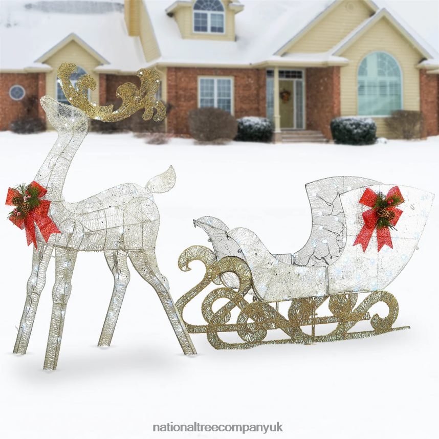 decoration | National Tree Company Pre Lit Sisal Reindeer and Sleigh Decoration Cool White LED Lights Plug In Christmas Collection 48 Inches F2L4F621